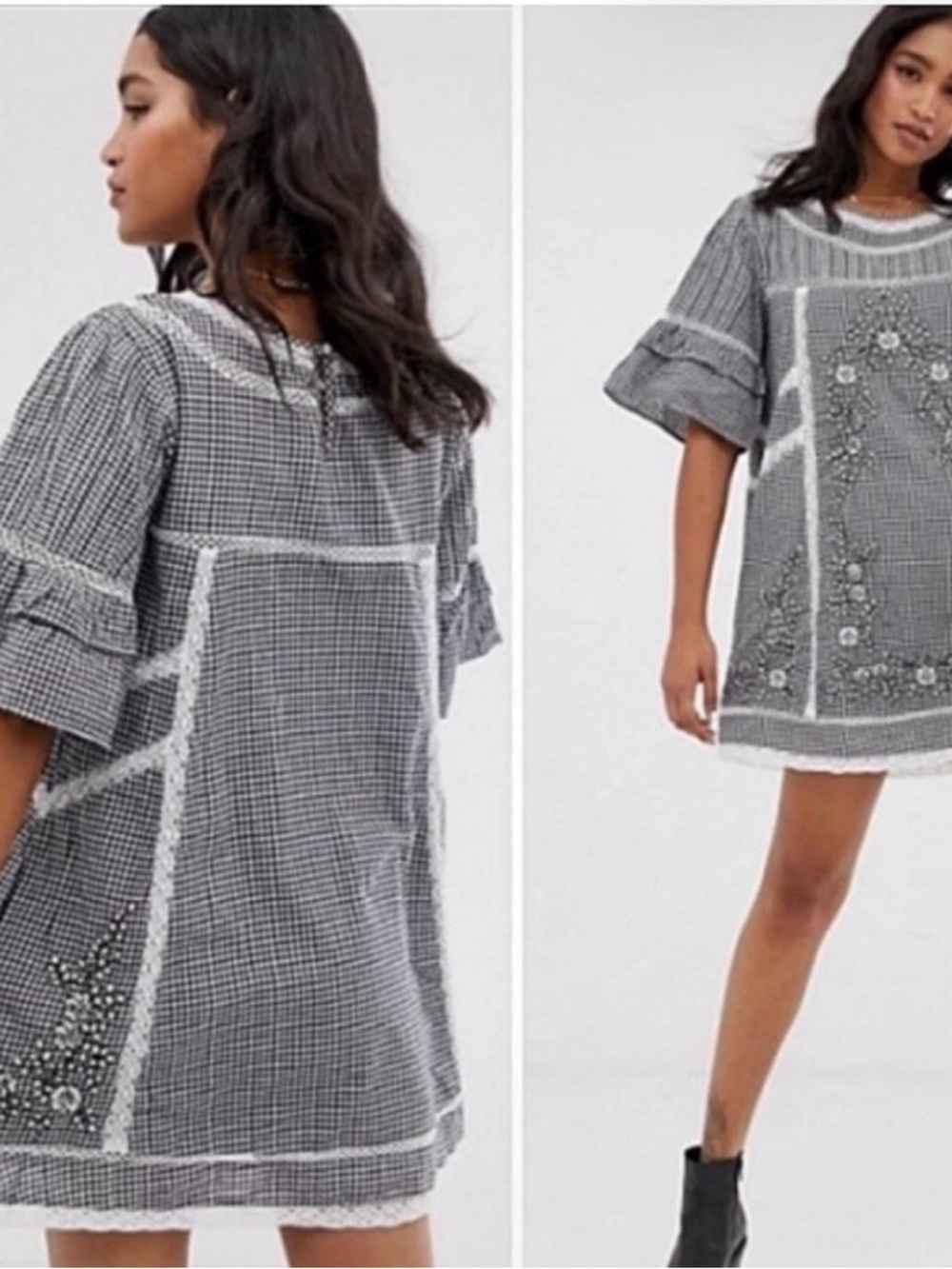 Free People Mini Black & White Gingham Embroidered Shift Dress